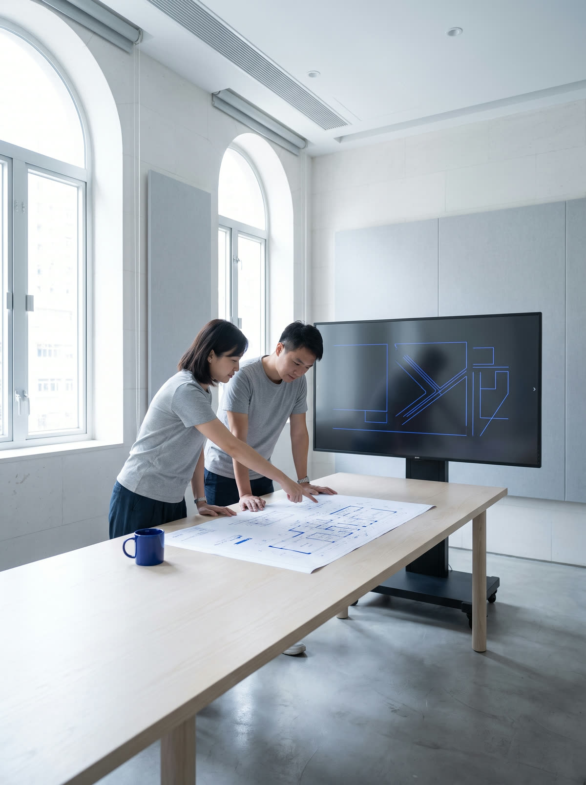 A delivery session at a Hotunda project table, plans and screens side by side